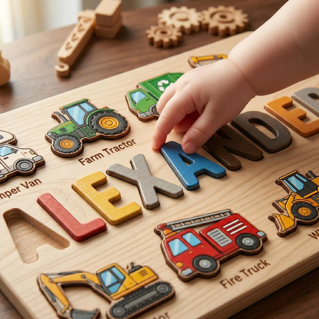 Personalized Vehicles Name Puzzle, Custom Wooden Construction Name Puzzle, Educational Montessori Truck Toy. NPPETAL14