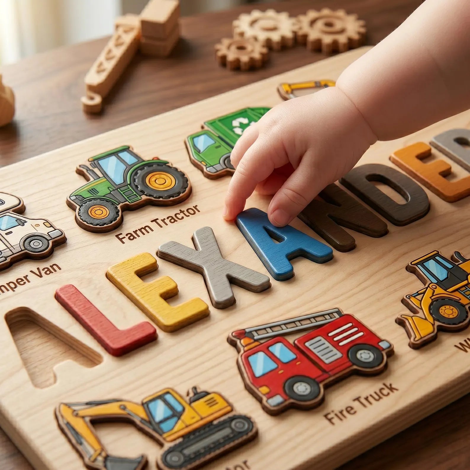 Personalized Vehicles Name Puzzle, Custom Wooden Construction Name Puzzle, Educational Montessori Truck Toy. NPPETAL14