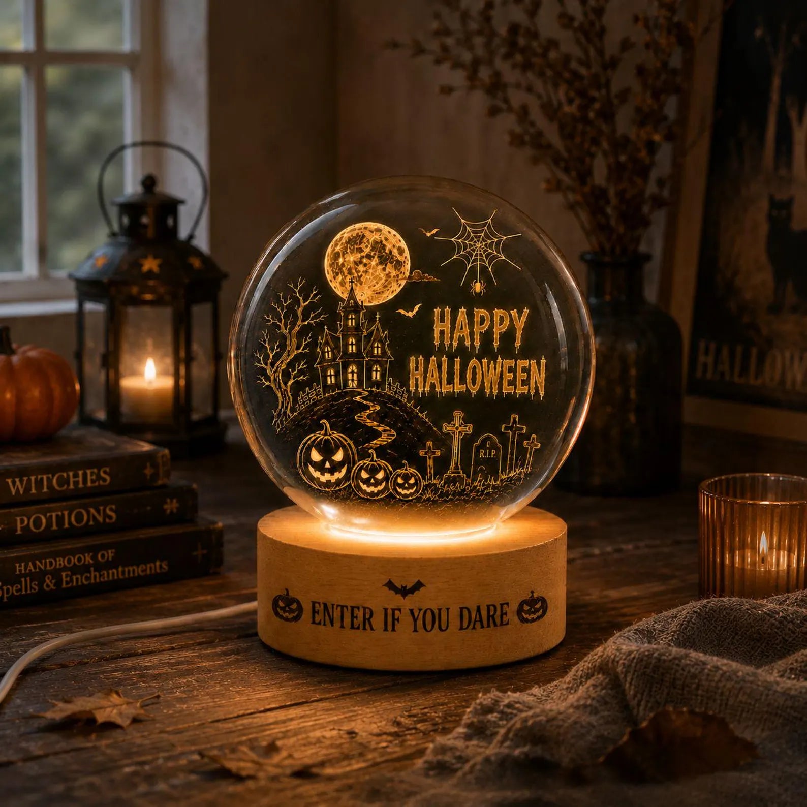Halloween Crystal Ball LED Night Light, Spooky Haunted House Moon Scene Glass Sphere Lamp, Gothic Autumn Decor Gift. LEDPETAL9