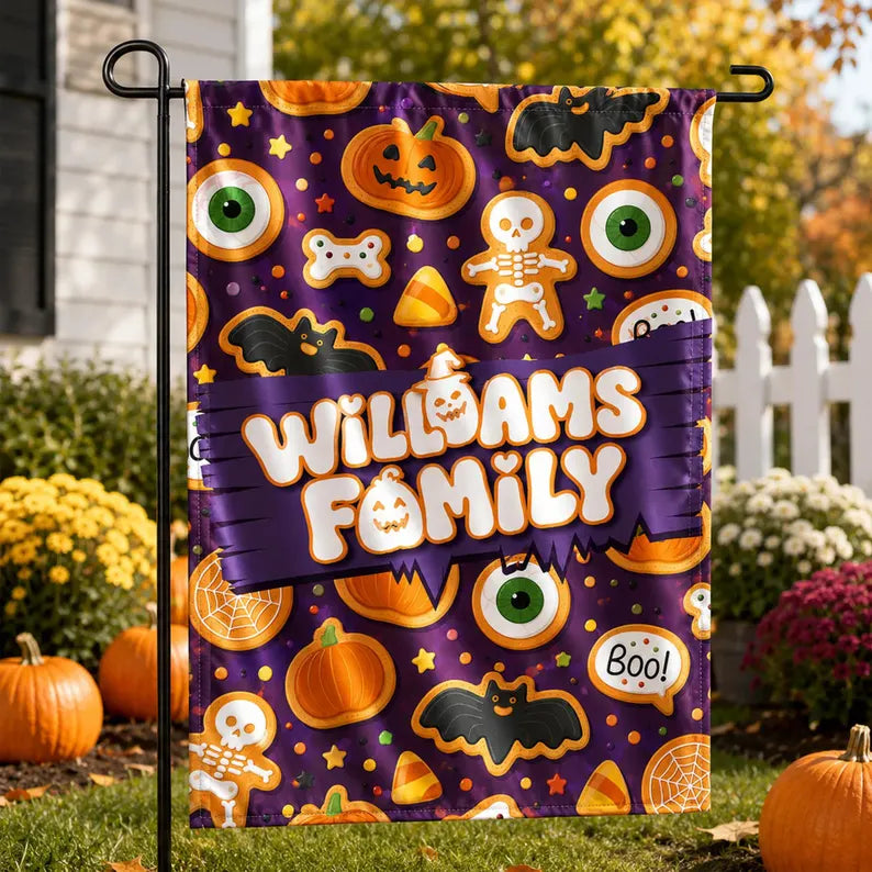 Personalized Halloween Garden Flag, Custom Family Name Yard Flag, Cute Spooky Outdoor Decor, Pumpkin Bat Skeleton Porch Sign. HLWGFPETAL1