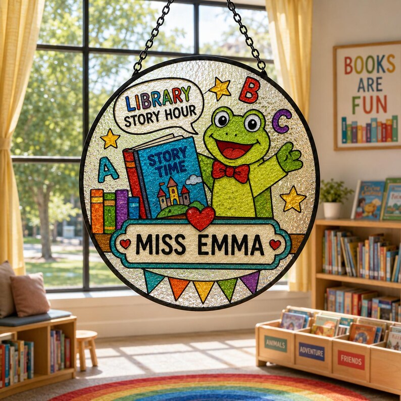 Personalized Frog Teacher Suncatcher, Library Story Hour Window Decor, Reading Classroom Gift, School Library Decor, Librarian Gift. SUNPETAL11