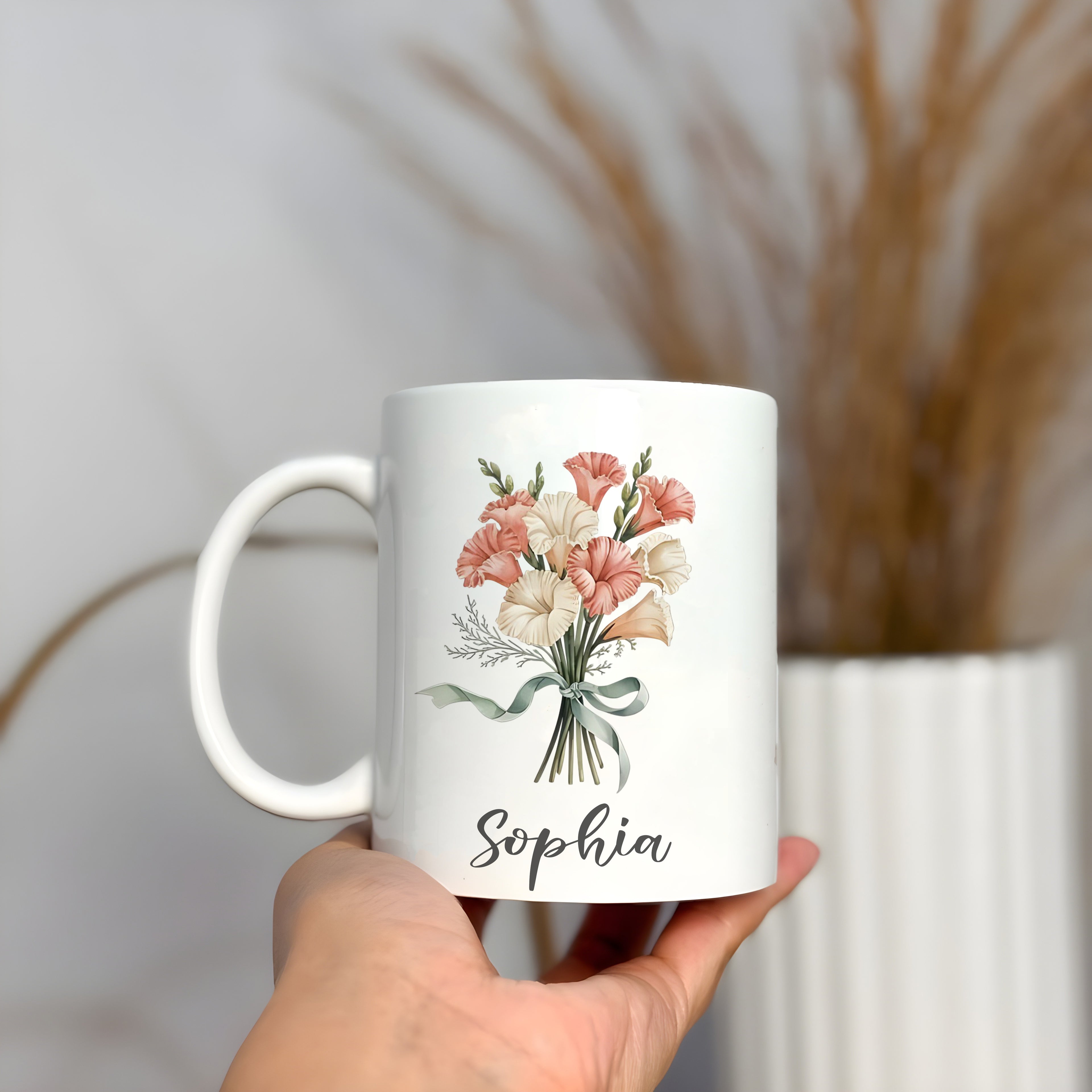 Personalized Birth Flower Mug, Custom Name Coffee Cup with Floral Bouquet Design, Birthday Month Flower Gift for Her, Bridesmaid, or Mother’s Day