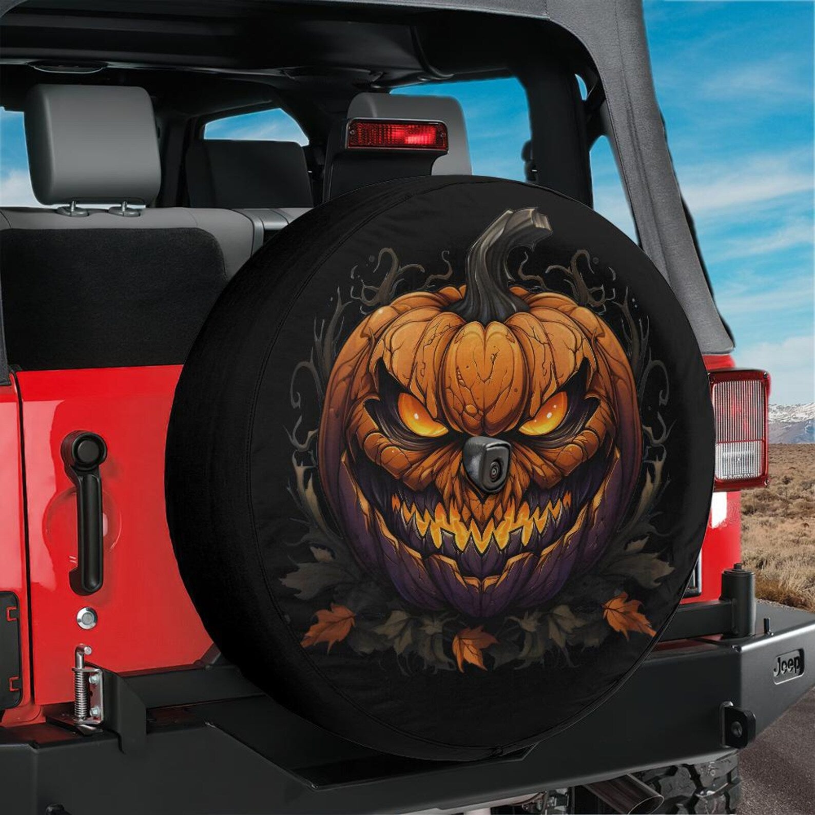 Scary Pumpkin Spare Tire Cover, Halloween Jack O Lantern Jeep Tire Cover, Spooky PVC Leather Tire Cover, Fall Vehicle Accessories Gift. TCPETAL19