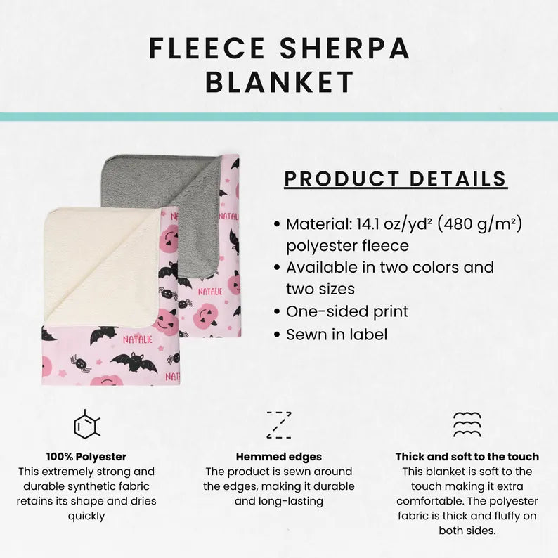 Personalized Halloween Sherpa Blanket, Custom Halloween Blanket, Kids Throw Blanket, Fall Blanket, Cute Pumpkin Blanket, Gift for Halloween. BLKPETAL3