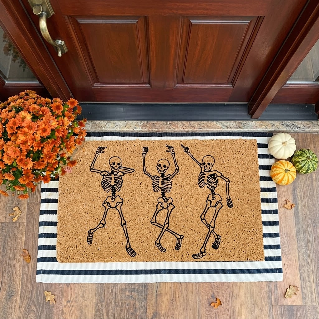 Dancing Skeleton Doormat | Halloween Decor | Fall Home Decor | Welcome Door Mat | Cute Fall Doormat | Fall Housewarming Gift| Skeleton Skull. DMPETAL12