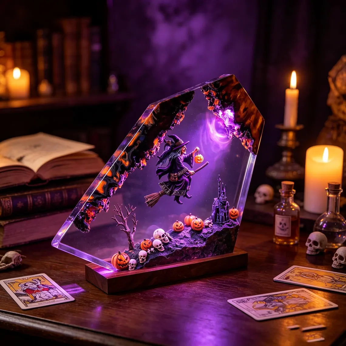 Halloween Witch Resin Night Light, Handmade Flying Witch Pumpkin Skull Haunted Castle Table Lamp, Spooky Home Decor, Unique Halloween Gift. RLPETAL02