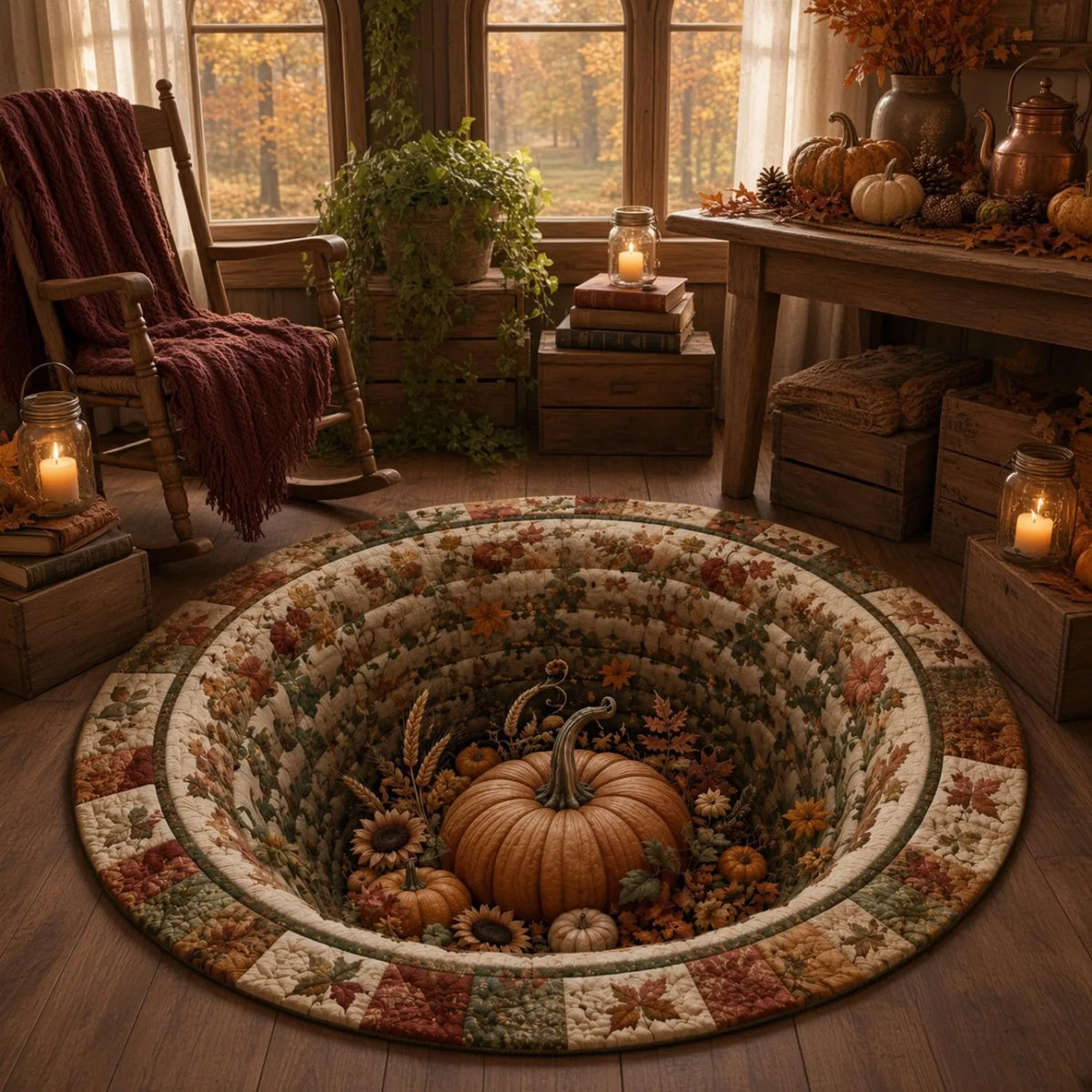 3D Pumpkin Patch Area Quilted Rug, Fall Harvest Rug, Autumn Patchwork Round Rug, Farmhouse Home Decor, Thanksgiving Floor Cozy Seasonal Rug. QRPETAL40