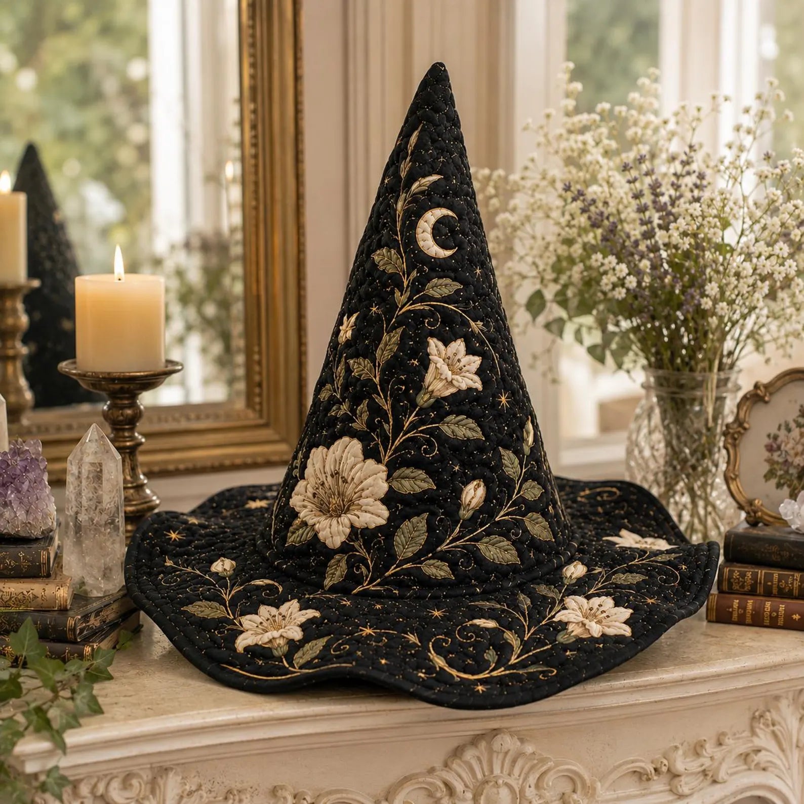 Quilted Witch Hat, Black Floral Moon Witch Hat, Elegant Celestial Halloween Decor, Gothic Cottagecore Costume Hat. QWHPETAL16