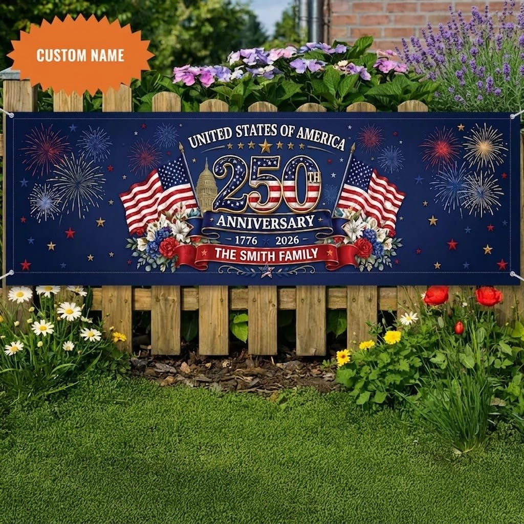 Personalized Patriotic 250th Anniversary Banner, Custom Family Name USA Decor BPETAL08