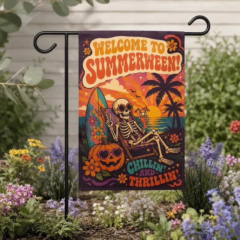 Summerween Garden Flag, Skeleton Halloween Beach Flag, Tropical Halloween Decor, Spooky Summer Yard Flag, Pumpkin Flag. HLWGFPETAL6