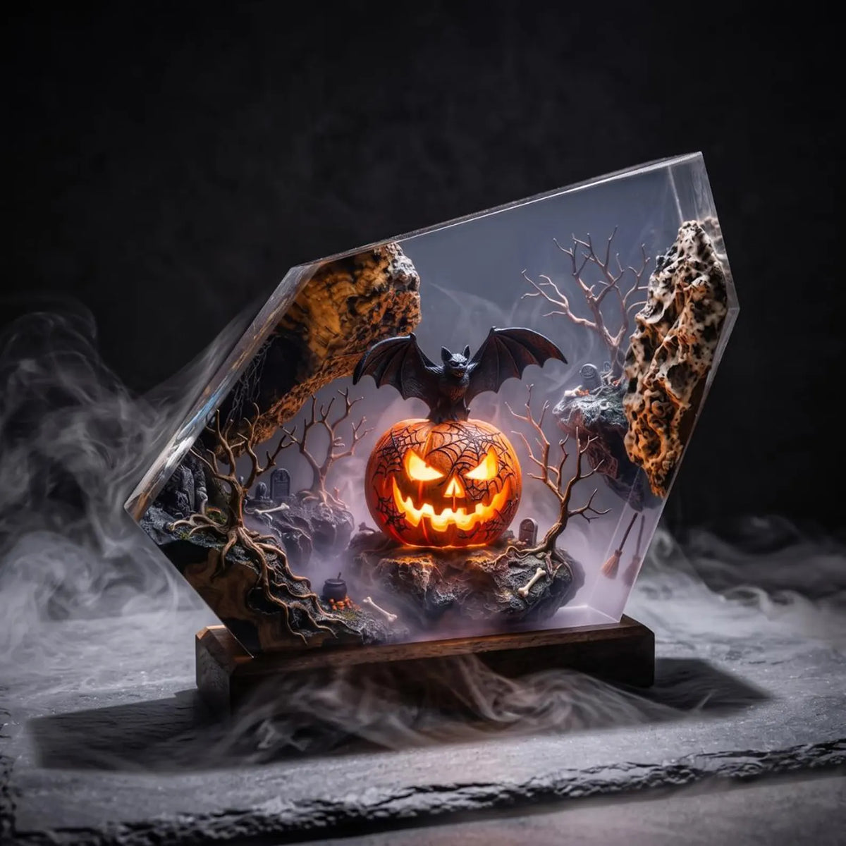 Jack O Lantern Epoxy Resin Lamp Spooky Bat Graveyard Diorama Wood Night Light. RLPETAL11