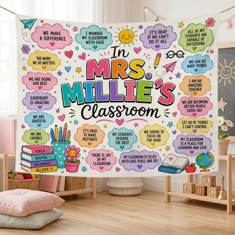 Personalized Teacher Classroom Tapestry,personalized teacher banner. Custom Affirmation Banner, Name Wall Hanging. Classroom Banner Custom Name. CBPETAL12