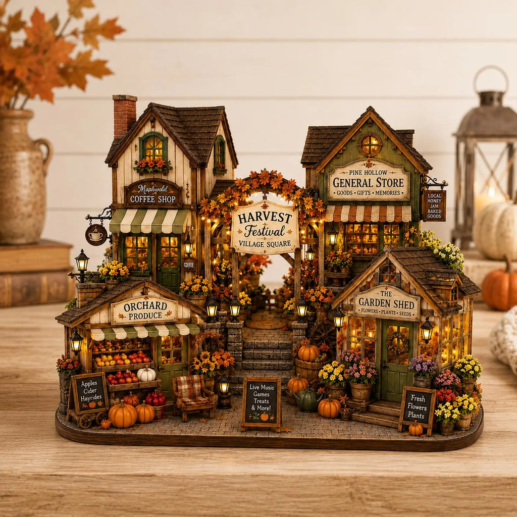 Personalized Harvest Festival Village Wooden Block, Custom Fall Market Shelf Decor, Rustic Autumn Village, Thanksgiving Home Decor Gift. WBPETAL3