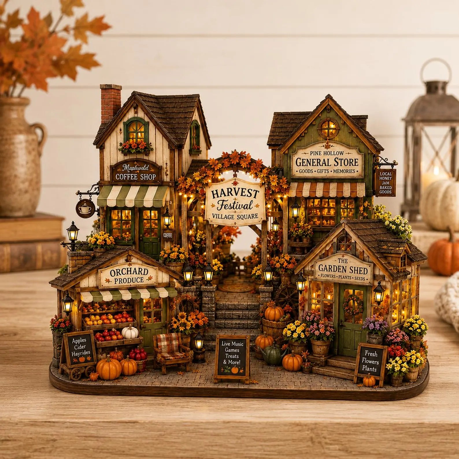 Personalized Harvest Festival Village Wooden Block, Custom Fall Market Shelf Decor, Rustic Autumn Village, Thanksgiving Home Decor Gift. WBPETAL3