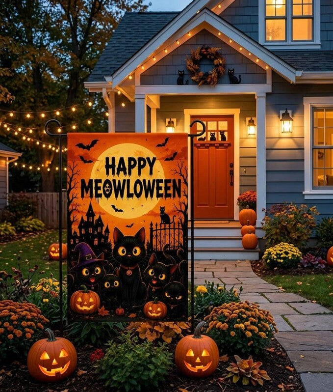Happy Meowloween Garden Flag, Black Cat Halloween Yard Flag, Cute Spooky Pumpkin Outdoor Decor, Fall Porch Flag, Halloween Cat Lover Gift. HLWGFPETAL21