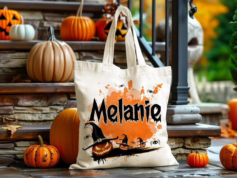 Personalized Halloween Tote Bag, Custom Name Trick or Treat Bag, Gothic Witch Pumpkin Candy Bag, Spooky Kids Halloween Gift Tote. HLWTBPETAL5