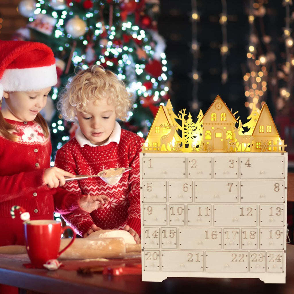 Wooden Christmas Village Advent Calendar with 24 Drawers, Reindeer House Holiday Countdown Decor – ACPETAL03