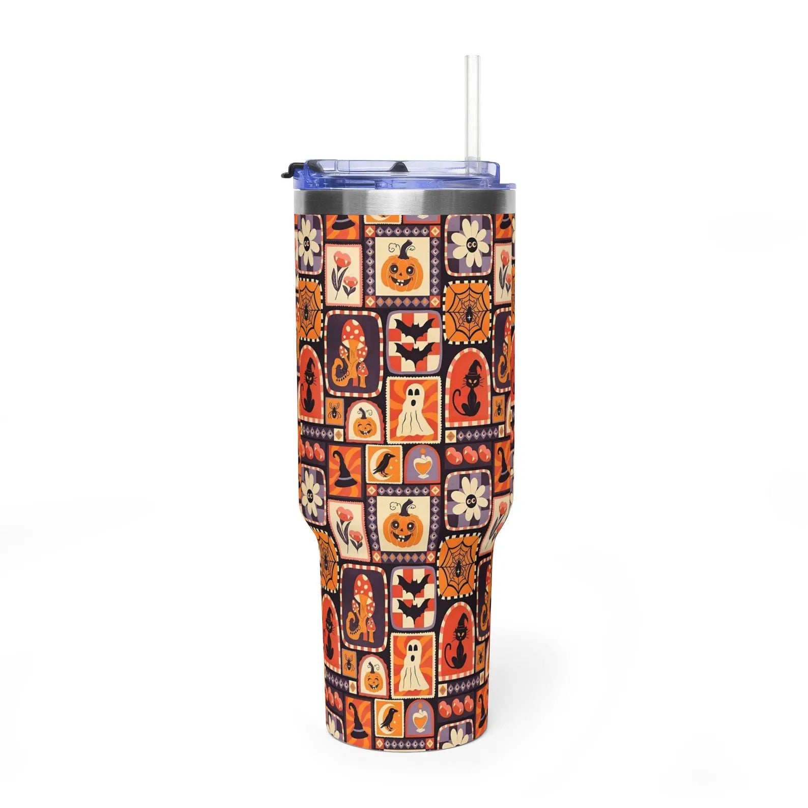 Retro Halloween Patchwork 40oz Tumbler with Handle, Vintage Spooky Ghost Pumpkin Quencher, Cozy Autumn Cat Travel Mug, 40oz tumbler. TBLPETAL11