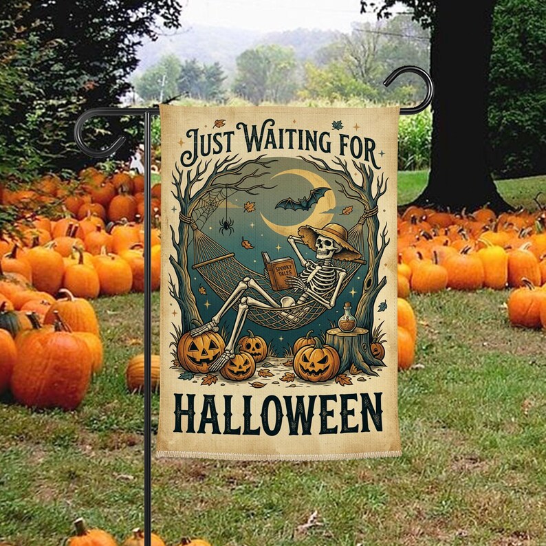 Just Waiting For Halloween Garden Flag, Skeleton Hammock Yard Flag, Spooky Pumpkin Halloween Decor, Witchy Fall Porch Flag. HLWGFPETAL12