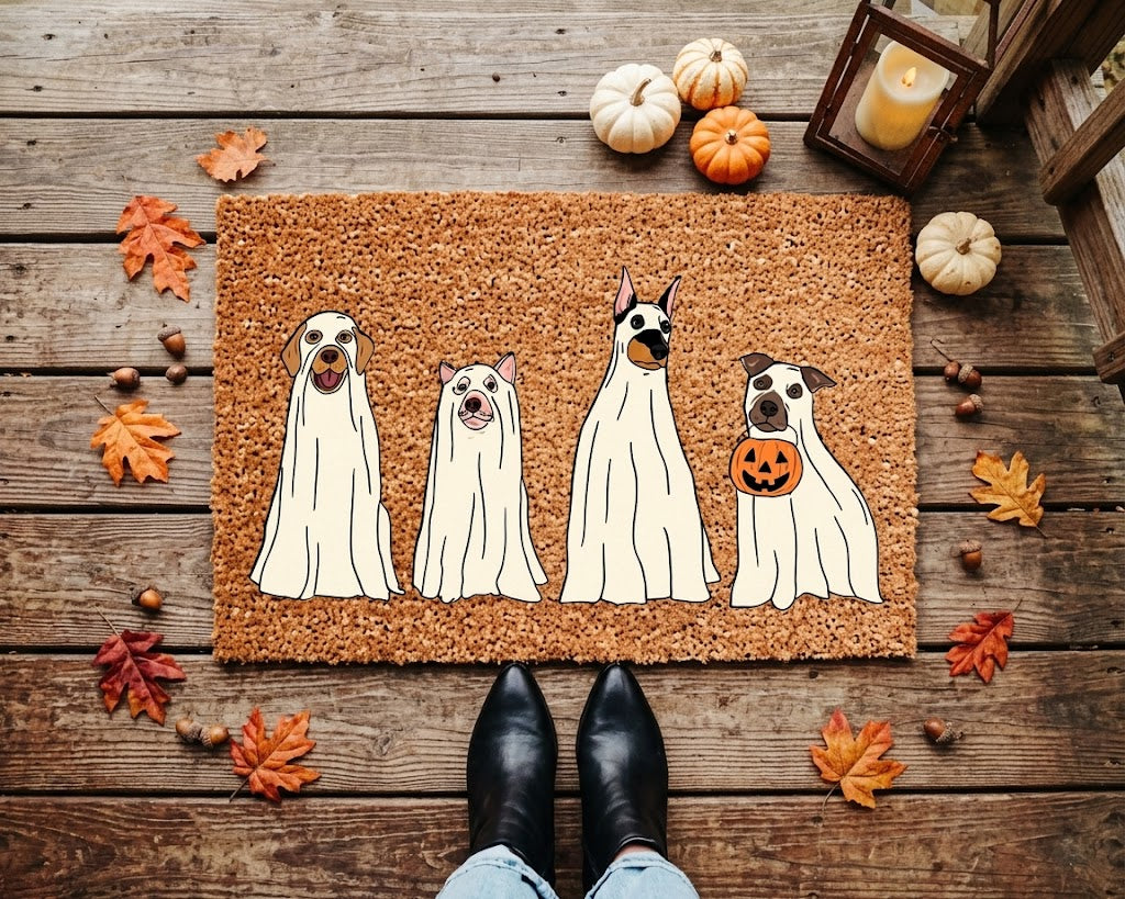 Ghost Dog Doormat, Funny Halloween Dog Doormat, Spooky Pet Welcome Mat, Dog Lover Gift, Halloween Decor, Coir Door Mat. DMPETAL6