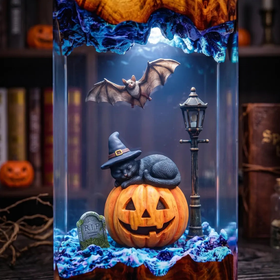 Spooky Black Cat Resin Lamp, Pumpkin Patch Night Light, Halloween Cemetery Decor, Handmade Epoxy Lamp, Fall Animal Fan Gift. RLPETAL05