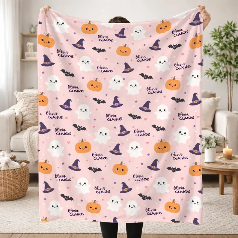 Personalized Halloween Baby Newborn Girl Boy Blanket | Custom Baby Name Blanket | Baby's First Halloween Gift | Cute Ghost Pumpkin Blanket. BLKPETAL9