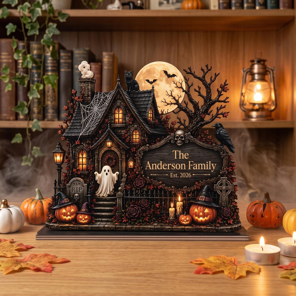 Personalized Haunted House Wooden Block, Custom Family Name Halloween Decor, Spooky House Tabletop Sign. WBPETAL9