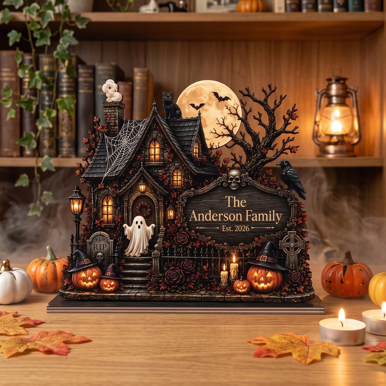 Personalized Haunted House Wooden Block, Custom Family Name Halloween Decor, Spooky House Tabletop Sign. WBPETAL9