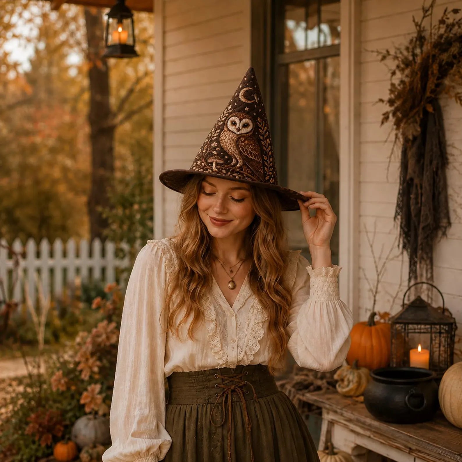 Quilted Owl Witch Hat, Celestial Woodland Wizard Hat, Brown Halloween Costume Accessory, Cottagecore Owl Hat. QWHPETAL21