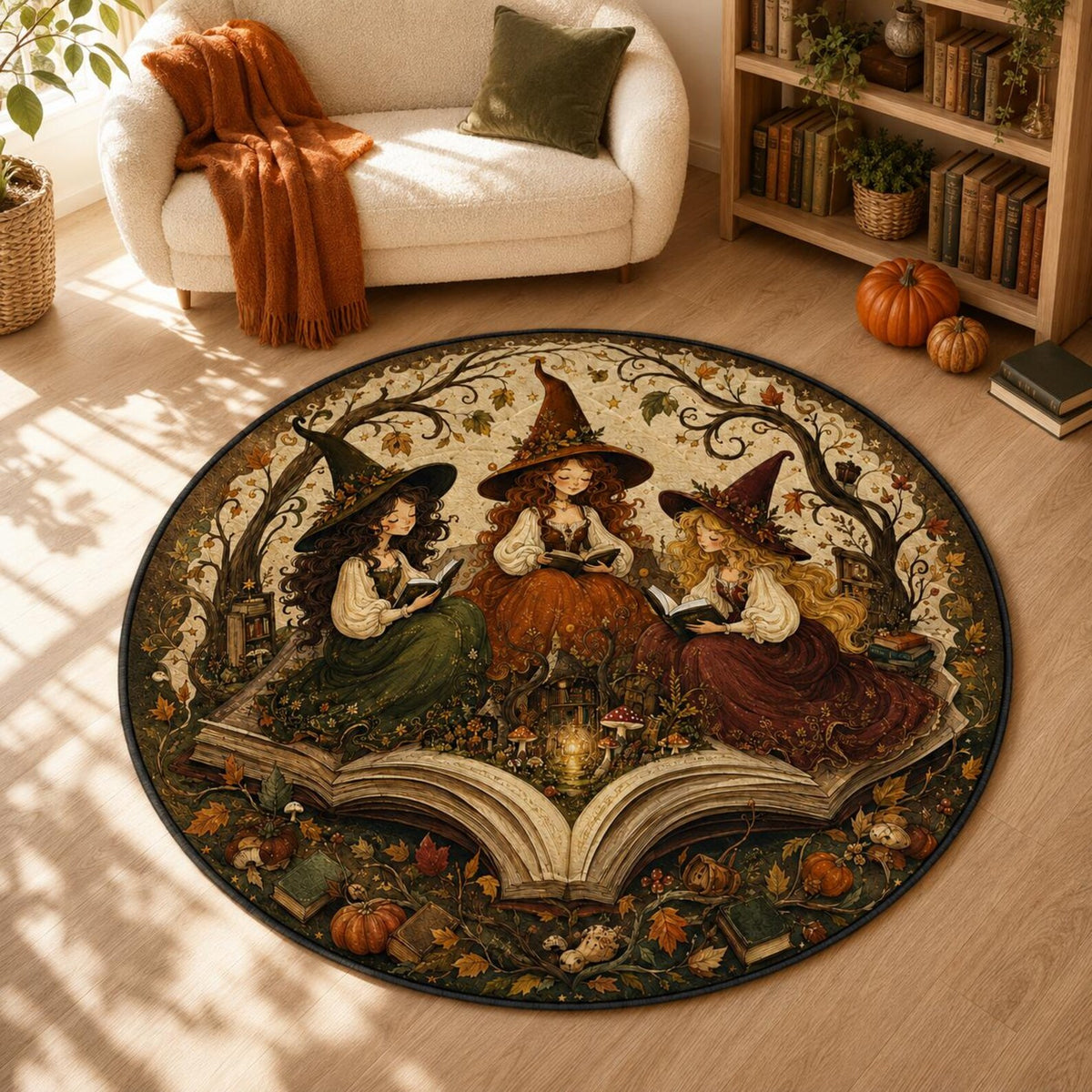 Cottagecore Witches Reading Quilt Round Rug, Storybook Witch Floor Decor, Three Bookish Witches Home Rug, Halloween Room, Daughters Mat. QRPETAL28