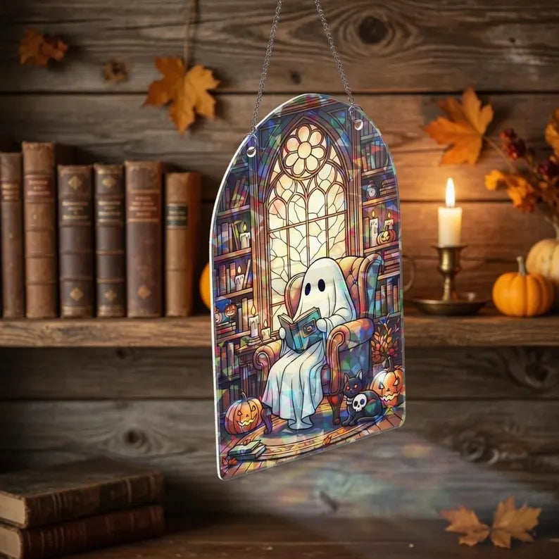 Halloween Ghost Hologram Acrylic Ornament: Gothic Window Hanging, Spooky Cute Decor, Autumn & Witchy Home Accent. HSPETAL13