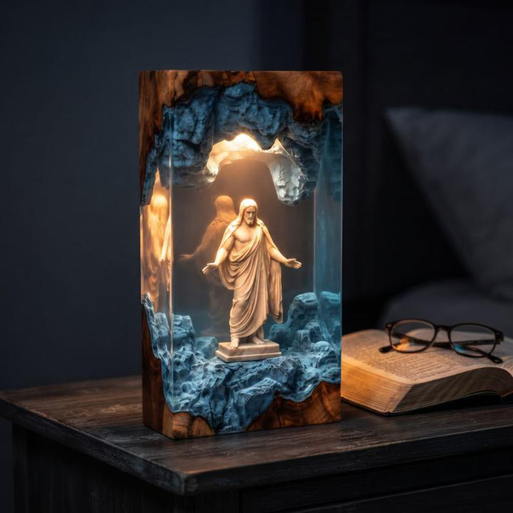 Jesus Resin Wood Night Light, Christian Desk Decor, Catholic Bedside Table Lamp, Religious Easter Gift, Dorm Room Lighting. RLPETAL17