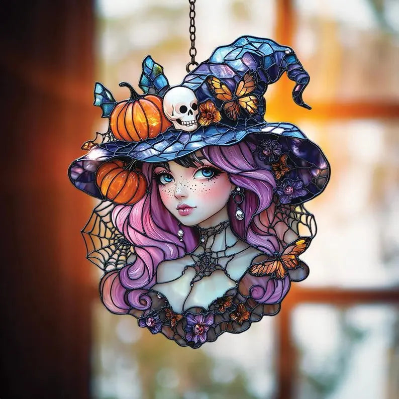 Acrylic Suncatcher Witch Girl with Pink Hair – Halloween Window Decor Featuring Pumpkin Hat, Skull, Butterflies & Spooky Gothic Charm. HSPETAL12