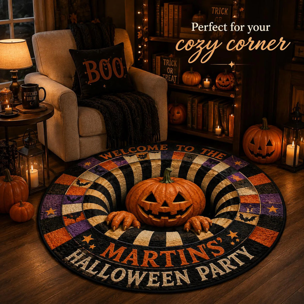 Personalized 3D-Look Pumpkin Halloween Rug, Round Quilted Floor Mat with Custom Family Name. QRPETAL29