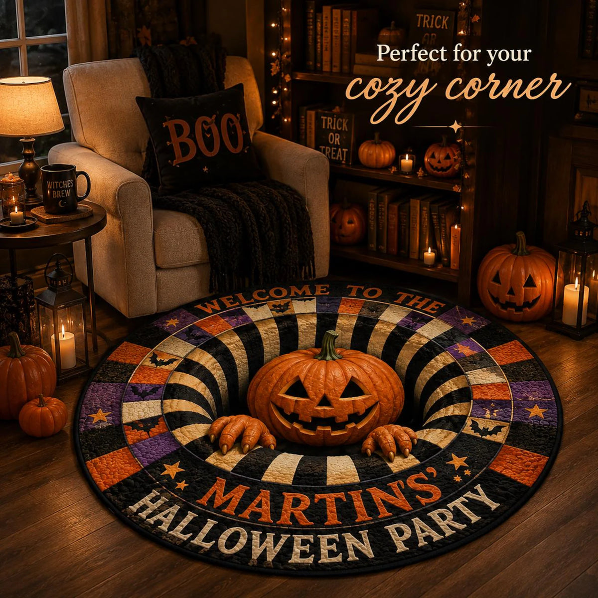 Personalized 3D-Look Pumpkin Halloween Rug, Round Quilted Floor Mat with Custom Family Name. QRPETAL29