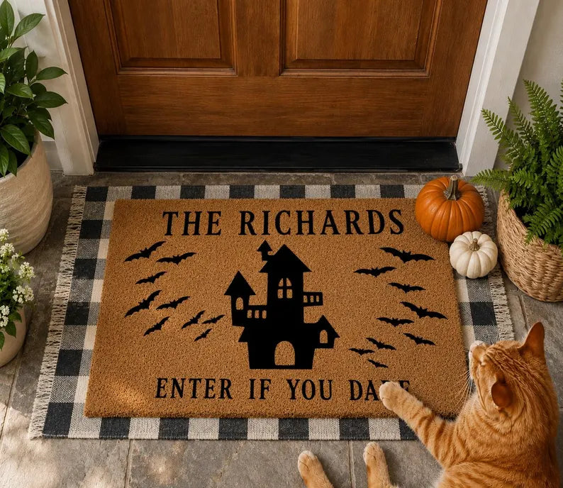 Personalized Halloween Doormat, Custom Family Name Welcome Mat, Spooky Family Home Decor, Fall Housewarming Gift, Trick or Treat Door Mat. DMPETAL7