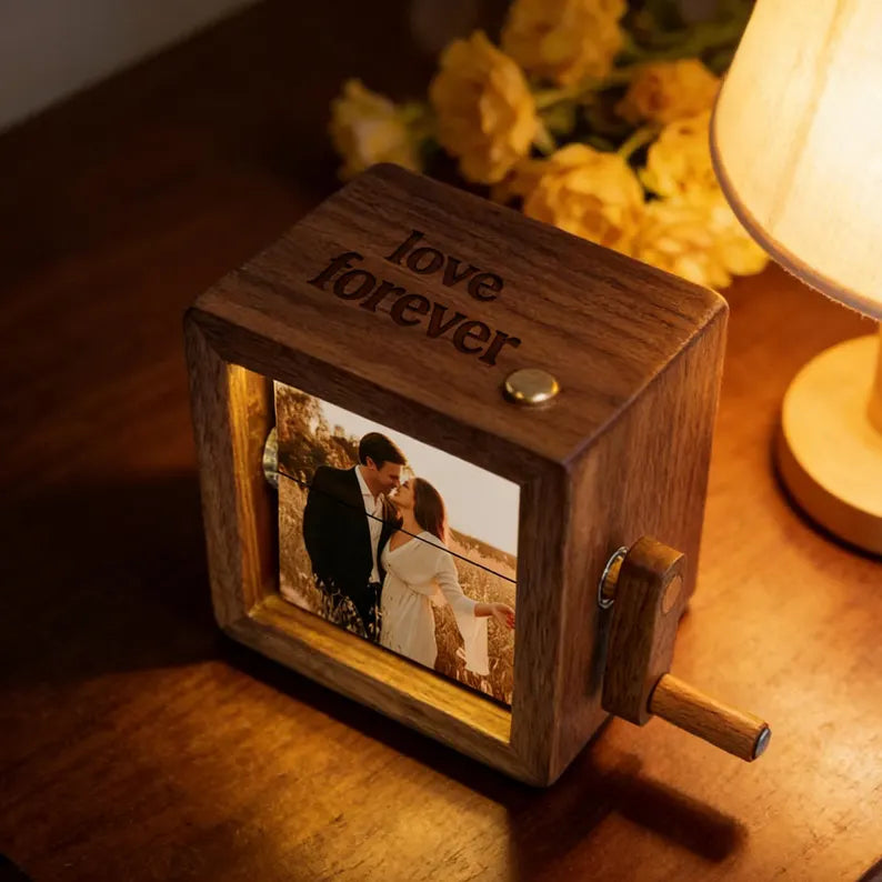 Personalized Wooden Photo Flipbook Animation Box - Custom Crank Picture Book with Light, Unique Anniversary Birthday Wedding Gifts. PBPETAL5