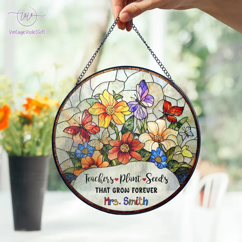 Personalized Teacher Stained Glass Suncatcher, Teacher Appreciation Gift, Back To School Gift, Teacher Gift, Windown Hanging Classroom Decor. SUNPETAL19
