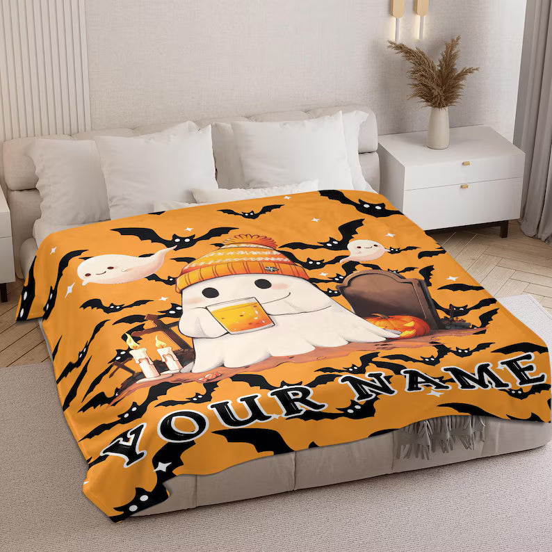 Custom Cute Ghost Halloween Blanket, Personalized Name Spooky Throw Blanket for Women Men, Halloween Boo Gift for Him Her Kids Boys Girls. BLKPETAL1