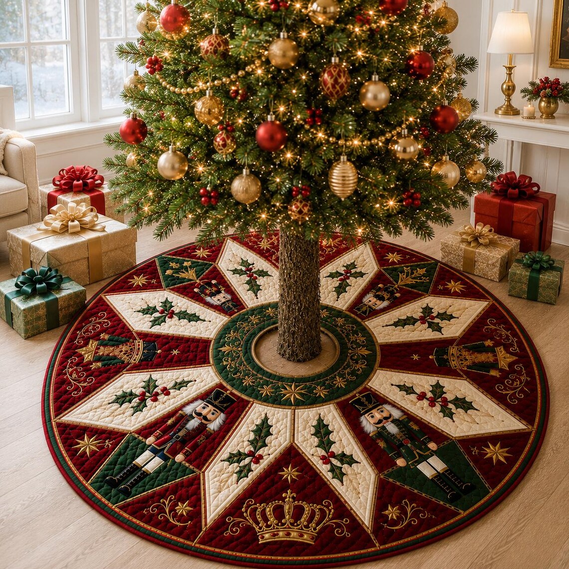 Vintage Nutcracker Quilted Tree Skirt, Retro Patchwork Tree Mat, Holiday Christmas Decor. CTSPETAL11
