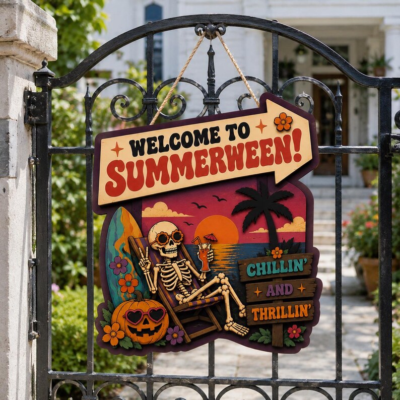 Summerween Wooden Sign, Skeleton Beach Decor, Halloween Summer Door Hanger, Chillin And Thrillin Sign, Coastal Halloween. HLWDHPETAL01