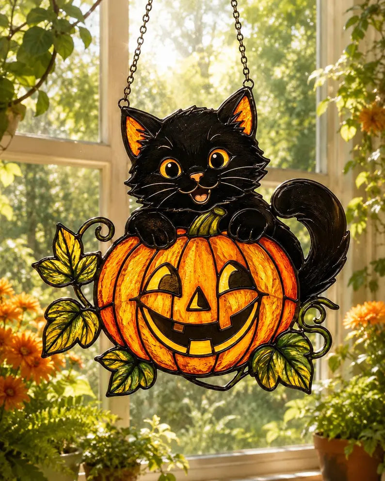Black Cat And Pumpkin Acrylic Suncatcher, Black Cat Halloween Suncatcher, Halloween Window Hanging Decor, Cute Suncatcher Gift. HSPETAL1