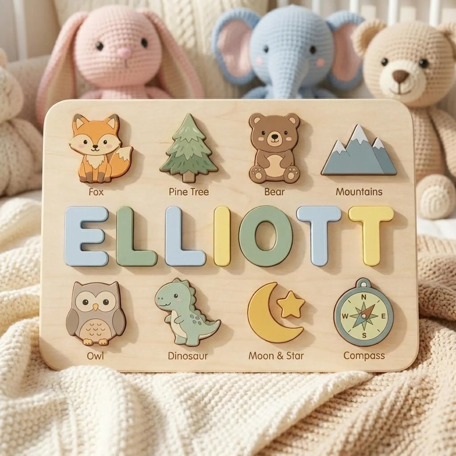 Personalized Name Puzzle, Custom Wooden Name Puzzle, Montessori Baby Gift, Woodland Nursery Decor, Toddler Learning Toy, First Birthday Gift. NPPETAL12