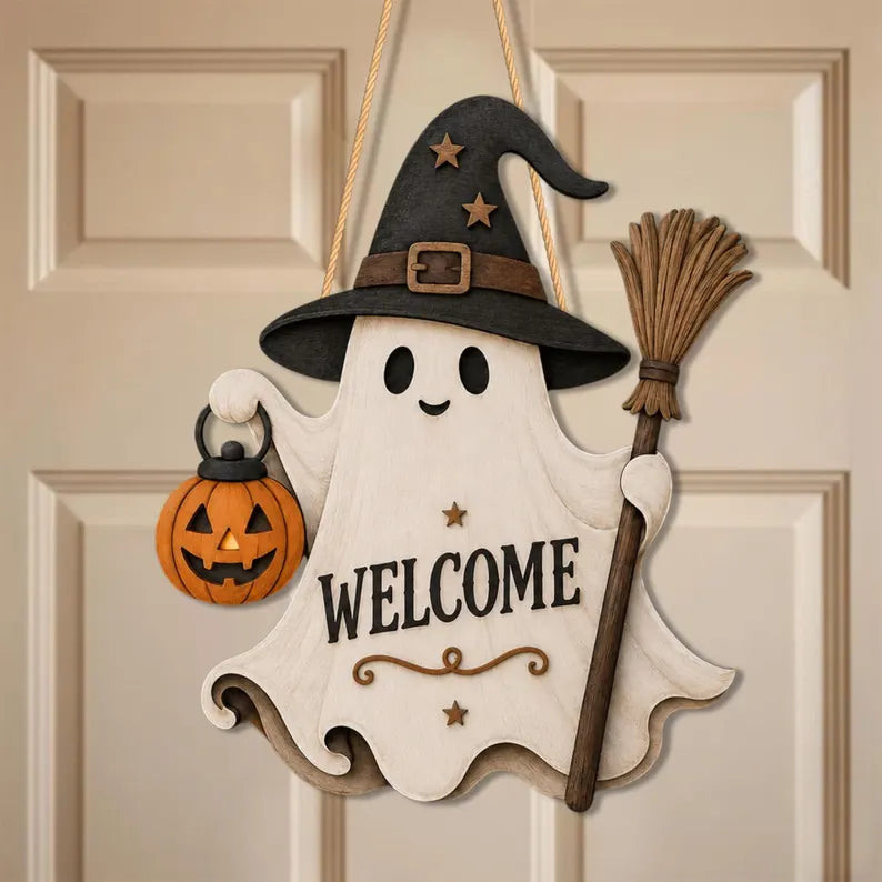 Ghost Welcome Door Hanger, Cute Halloween Ghost Sign, Witch Hat Decor, Wooden Halloween Door Sign. HLWDHPETAL02