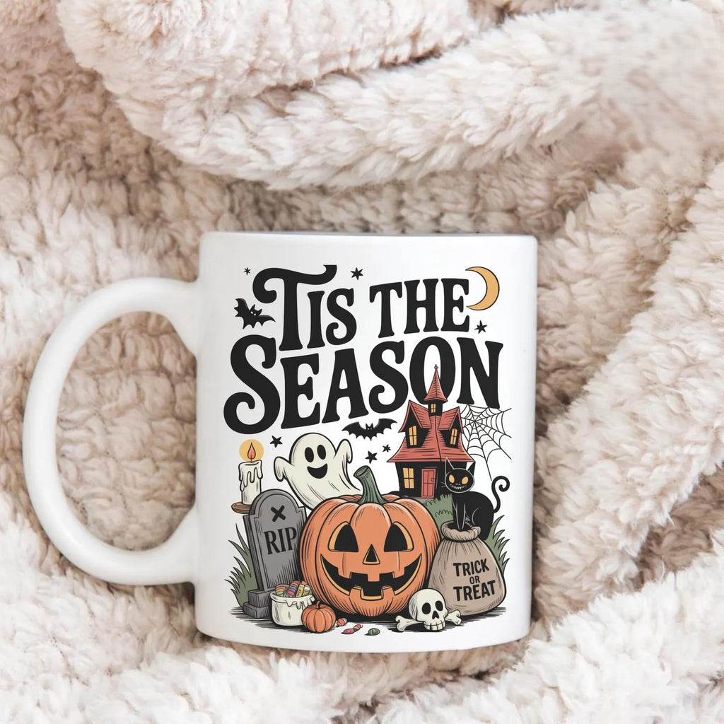 Tis The Season Halloween Mug, Spooky Ghost Pumpkin Coffee Cup, Cute Haunted House Mug, Cozy Fall Autumn Mug, Trick or Treat Gift. MPETAL5