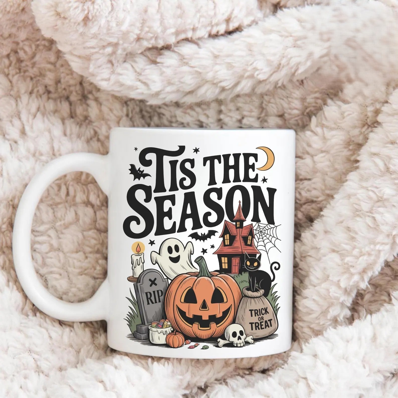 Tis The Season Halloween Mug, Spooky Ghost Pumpkin Coffee Cup, Cute Haunted House Mug, Cozy Fall Autumn Mug, Trick or Treat Gift. MPETAL5