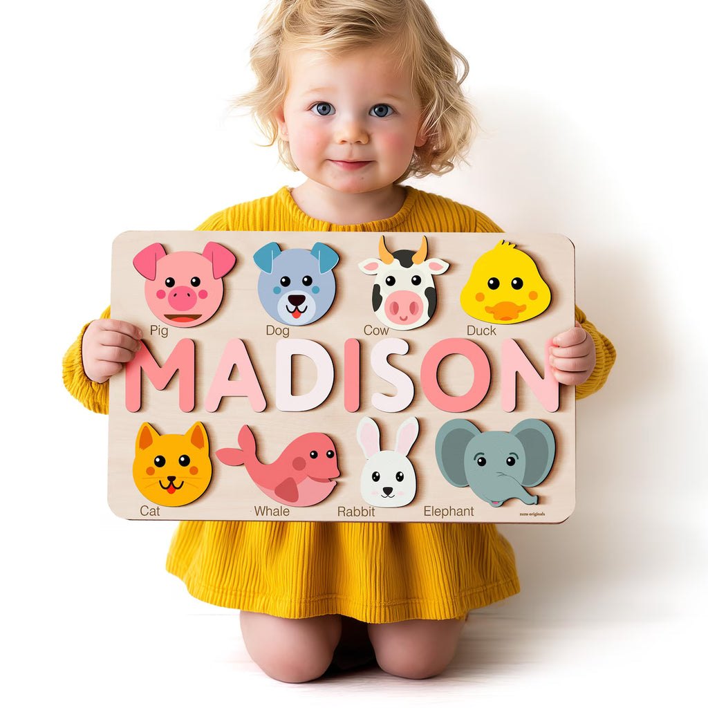 Custom Name Puzzle with Animals, Personalized Baby Gift, First Birthday Gift, Christmas Present, 0-3 Years Personalized Toy. NPPETAL3
