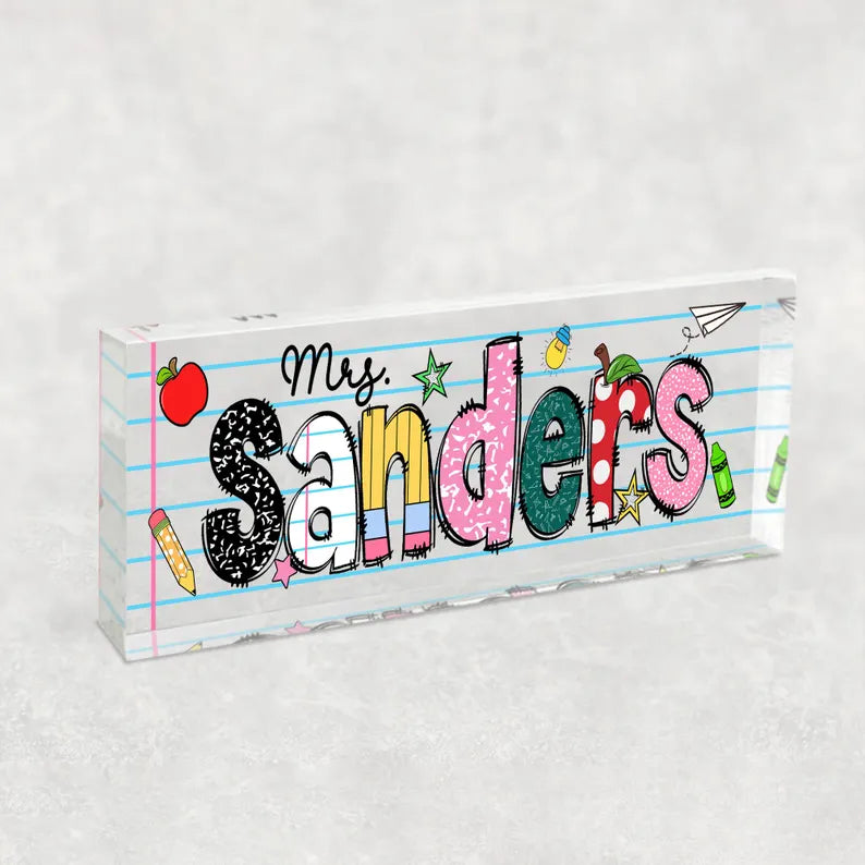 Personalized Teacher Name Desk Sign, Custom Teacher Appreciation Gifts, Teacher Name Desk Plaque, Teacher Acrylic Block, New Teacher Gift. DNPETAL03