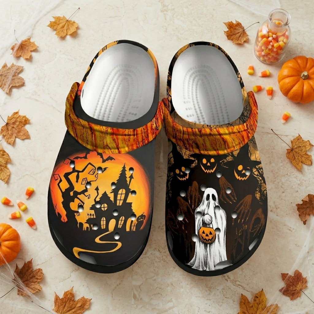 Halloween Haunted House Ghost Clogs – Spooky Black Orange Fall Shoes. Happy Halloween Ghost Pumpkin. CLPETAL02