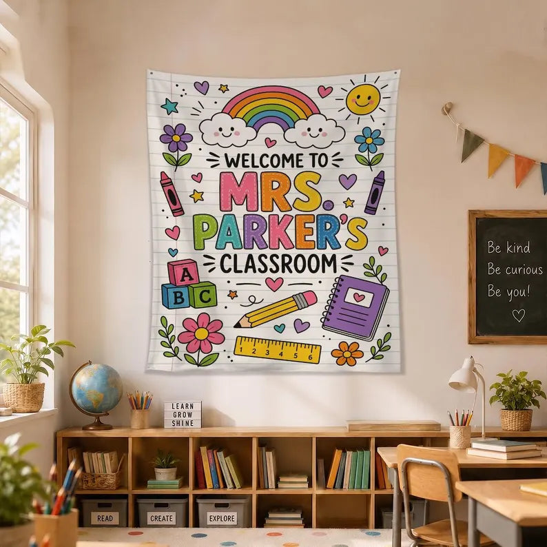 Personalized Classroom Tapestry, Teacher Welcome Banner, Back to School Decor, Rainbow Classroom Sign. CBPETAL06